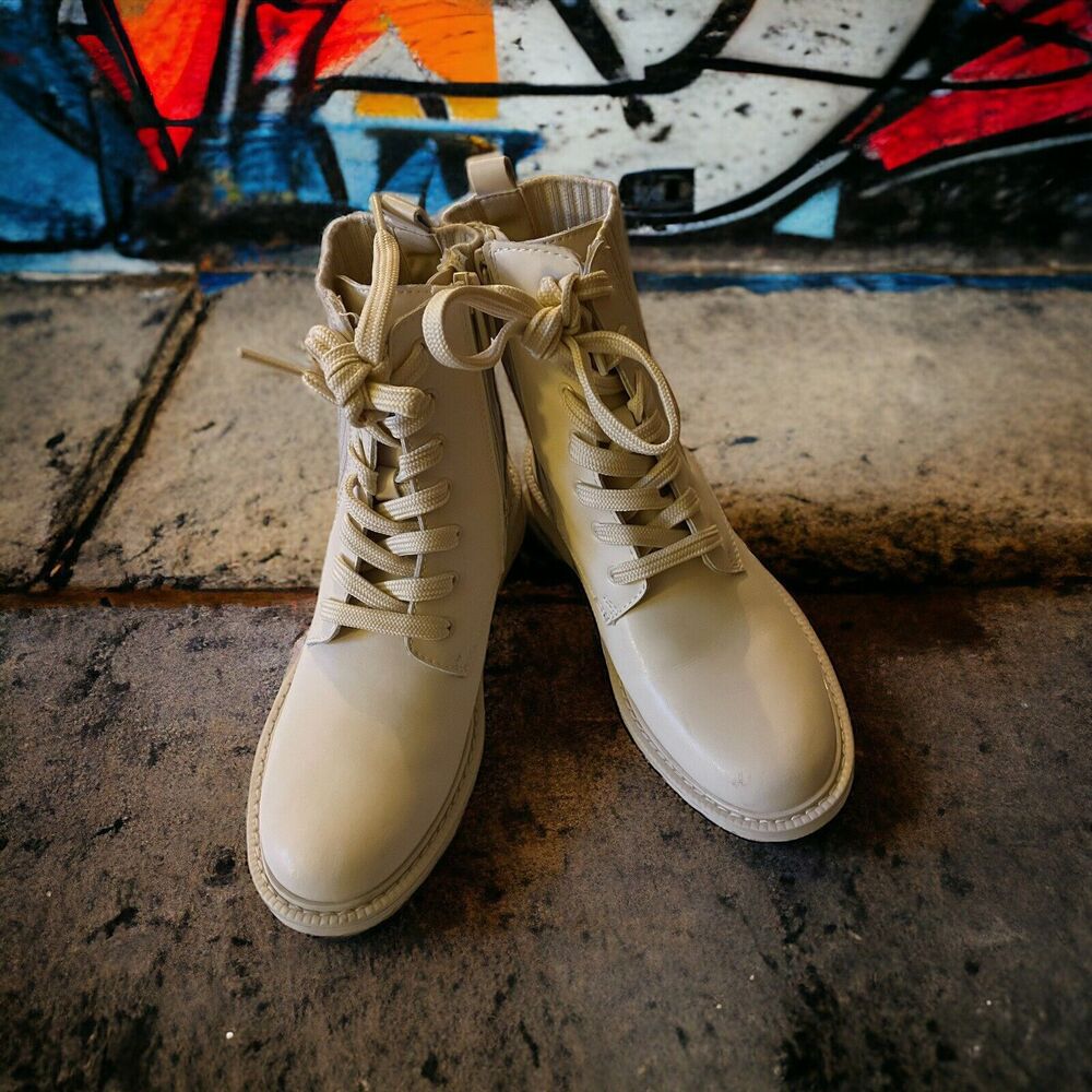 Sam Edelman Ivory Lydell Mix Media Rib Knit Lace Up Boots Size 3 Youth